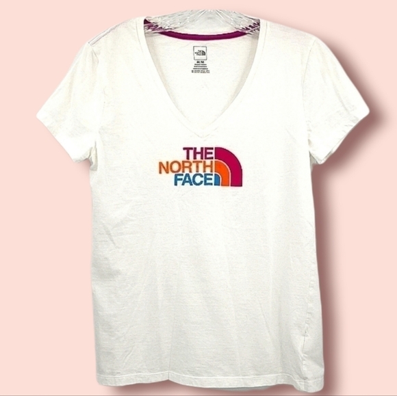 The North Face Women’s M White Short Sleeve V Neck Colorful Tee Shirt with Logo - Picture 1 of 6